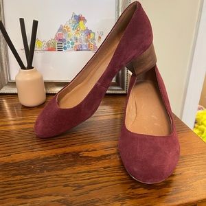 Madewell maroon suede heels with a wooden heel